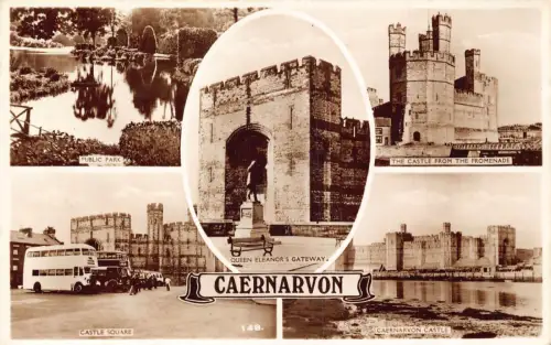A849 Wales Caernarfon Caernarvon Square Castle Bus Park RPPC Vintage Postkarte