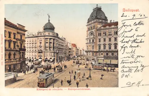 A851 Ungarn 1902 Budapest Kerepesi ut Straße Straßenbahn Geschäfte Vintage Postkarte