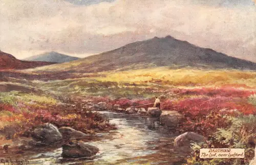 A852 England 1907 Dartmoor The Lyd River Near Lydford Fisherman Art Postkarte