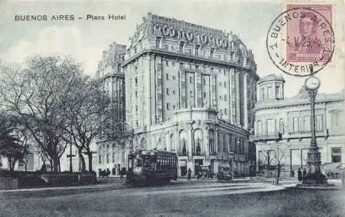 L127 Argentinien 1923 Buenos Aires Plaza Hotel Straßenbahn Vintage Postkarte