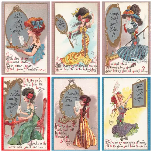 L545 Damenmode Glamour 6er Set zum Spiegel halten von DWIG geprägte Postkarten