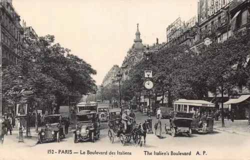 A045 Frankreich Paris Der italienische Boulevard Autos Kutsche Oldtimer Postkarte