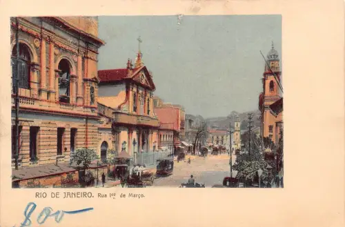 A044 Brasilien Rio de Janeiro Rua 1er de Marco Straßenkutschen Vintage Postkarte