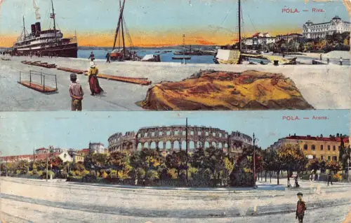 A044 Kroatien 1916 Feldpost 1. Weltkrieg Pola, Pula Riva Arena Dampfer Vintage Postkarte