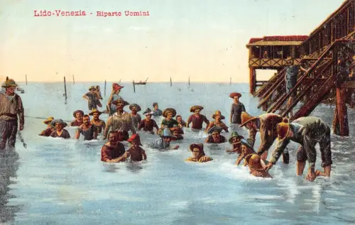 A039 Italien Lido-Venezia Riparto Uomini Menschen baden Kinder Vintage Postkarte