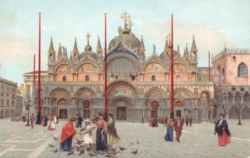 A039 Italien Venezia Markusplatz Tauben Menschen Künstlerkarte Vintage Postkarte