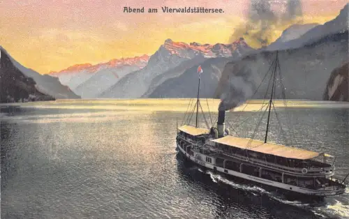 A041 Schweiz Abend am Vierwaldstättersee Dampfer See Sonnenuntergang Postkarte