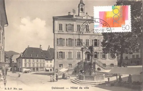 L300 Schweiz Delemont Hotel De Ville Brunnen Apotheke Vintage Postkarte