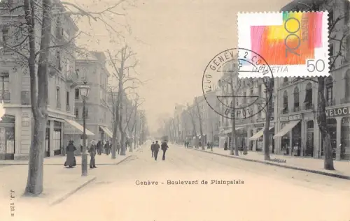 L299 Schweiz Geneve Boulevard de Plainpalais Cafe Brasserie Geschäfte Postkarte