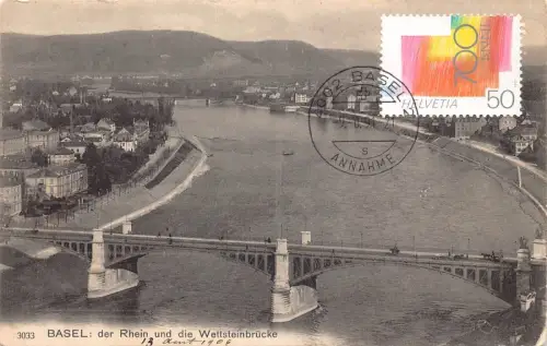 L299 Schweiz Basel Rhein Fluss und Wettsteinbrückebrücke Vintage Postkarte