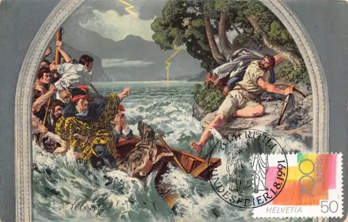L297 Schweiz Tell's Sprung Gemälde in Tellskapelle Boot Donner Postkarte