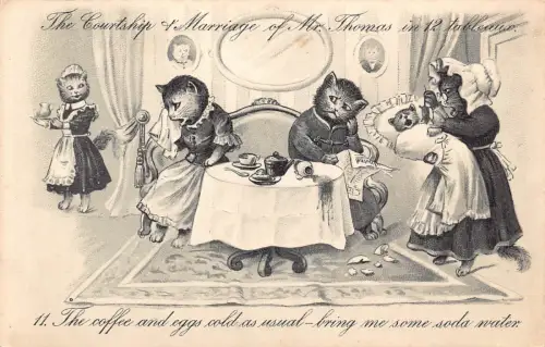 Fantasy Humanisierte Katze Hochzeit von Herrn Thomas Kampf Familie Baby Postkarte B927