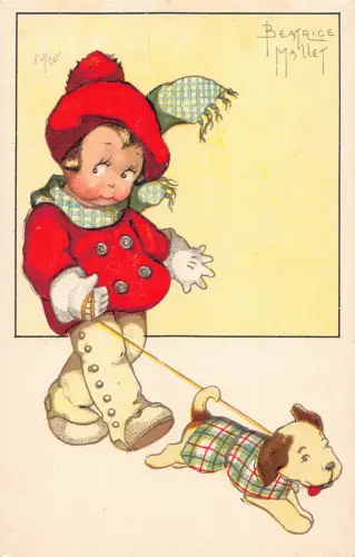 Kindermode roter Mantel Mädchen geht Hund Kunst Beatrice Holzhammer Postkarte B930