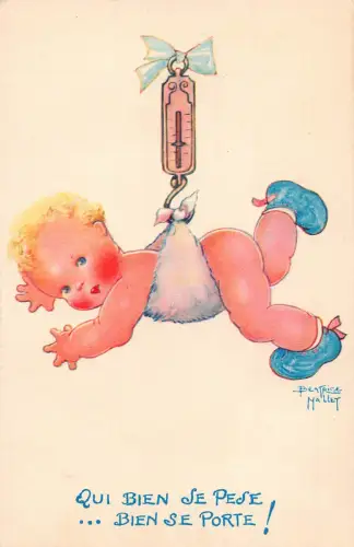 Kinder Baby Junge hängend auf Maßstab Comic Humor Kunst Beatrice Mallet Postkarte B930