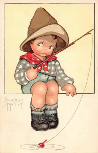 Kinder Junge Angeln Fischer Kunst Beatrice Mallet Postkarte B930