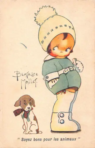 Kinder Mädchen in Winterkleidung Hund Soyez Bons Kunst Beatrice Mallet Postkarte B929