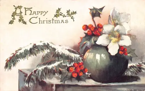 A047 Weihnachtsgruß Stechpalme Stillkunst Mistel Blumenvase Postkarte