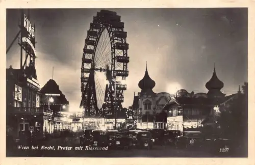 A238 Österreich Wien bei Nacht Prater Riesenrad Riesenrad Autos RPPC Postkarte