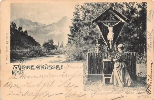 A864 Österreich Alpingruesse 1899 Frau Jesus am Kreuz Blumen Vintage Postkarte