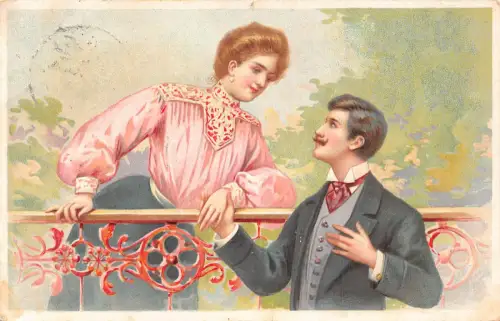 A244 Romantik 1908 Liebespaar erklärt Balkon Prägepostkarte