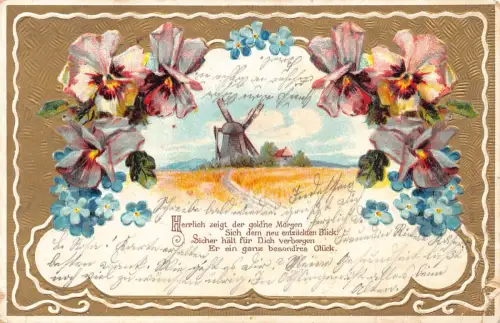 Landschaft 1905 Veilchen Vergissmeinnicht Blumen Windmühle Gedicht Prägepostkarte