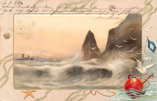 Passepartout 1901 Meereslandschaft Möwen Flagge Seestern Muscheln geprägt Postkarte