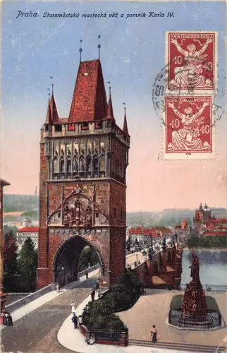 L141 Tschechien 1921 Staromestska mostecka vez a pomnik Karla IV Turm Postkarte