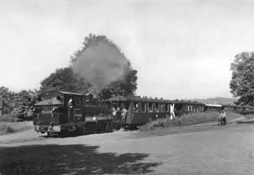 Deutschland Kleinbahn auf Insel Rügen Dampflok Motorrad RPPC Oldtimer Postkarte