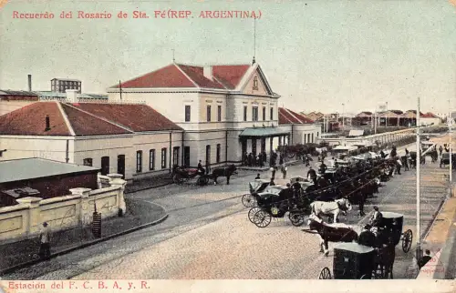A865 Argentinien 1908 Recuerdo del Rosario Sta Fe Bahnhof Kutsche Postkarte