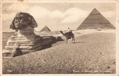 A866 Ägypten 1938 Kairo Sphinx und Pyramiden Kamel Vintage Postkarte