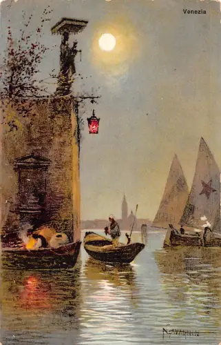 A867 Italien Venezia Venedig bei Mondschein Gondeln Kunst Vintage Postkarte