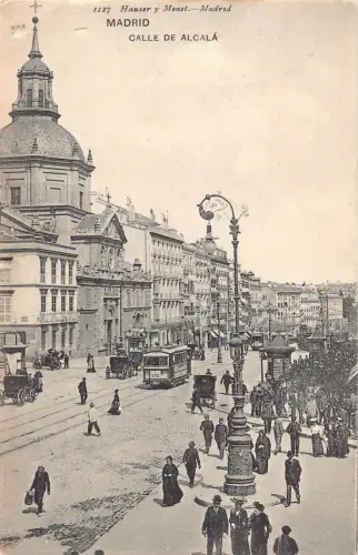 A869 Spanien Madrid Calle de Alcala Straßenbahn Kutschen Vintage Postkarte