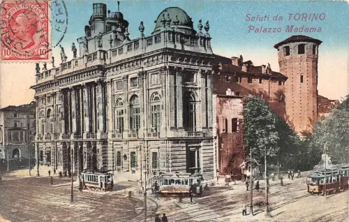 L140 Italien 1920 Saluti da Torino Turin Palazzo Madama Straßenbahnen Vintage Postkarte