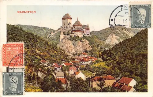 L141 Tschechien 1931 Burg Karlstejn Bergdorf Vintage Postkarte