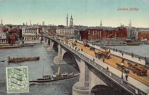 L138 Großbritannien 1921 London Bridge Dampfschiffe Autos Vintage Postkarte