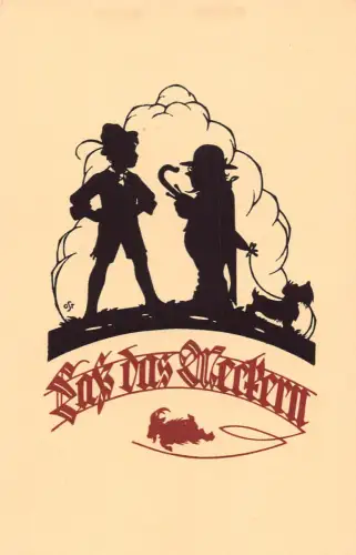 B162 Silhouette Deutscher Junge und alter Mann Hund an Leine Regenschirm Vintage Postkarte