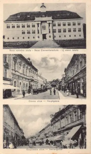 B140 Serbien Zemun Semlin Zimonu Grundschule Hauptstraße Geschäfte Auto Postkarte