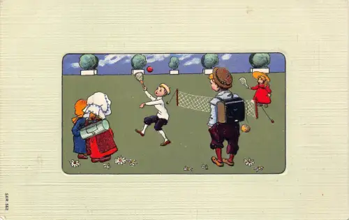 B152 Passepartout 1907 Schulkinder spielen Tennis Vintage Postkarte