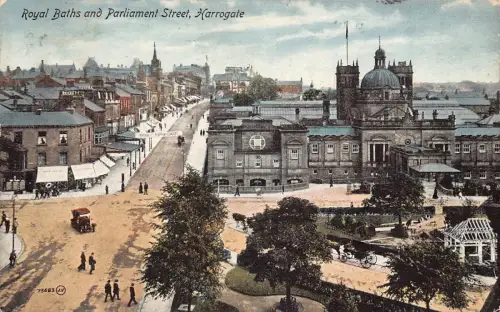 B142 England 1912 Royal Baths and Parliament Street Harrogate Postkarte