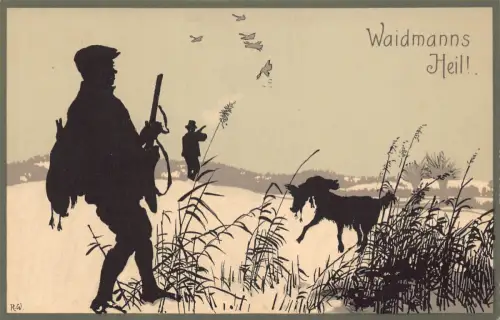 B154 Silhouette Jagdszene Jäger Gewehr Hund Pflege Ente Postkarte