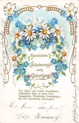 B152 Jugendstil Geburtstag 1906 Gänseblümchennicht Blumen Prägepostkarte