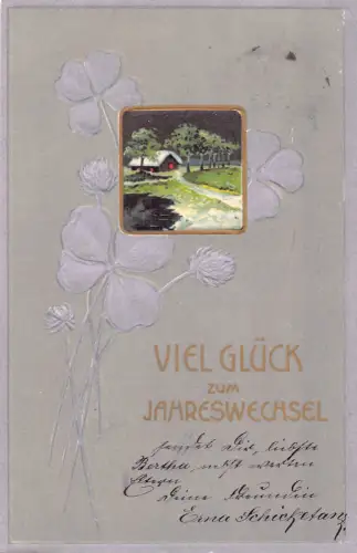 B152 Neujahrsgrüße 1906 Kleeblätter Passepartout Landschaft geprägte Postkarte