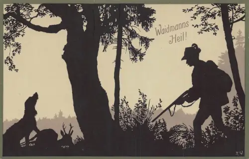 B154 Silhouette Jagdszene Jäger Gewehr Hund Toter Hirsch Wald Postkarte