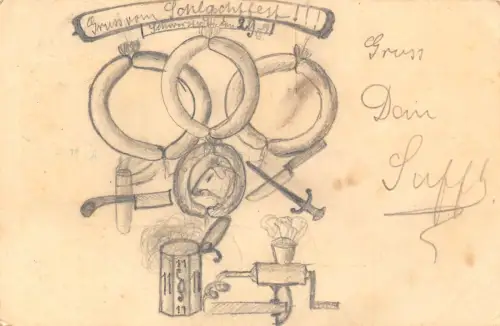 B154 handgezeichnete Lebensmittel 1902 Würstchen Messer Bierkrug Mahlmaschine Postkarte