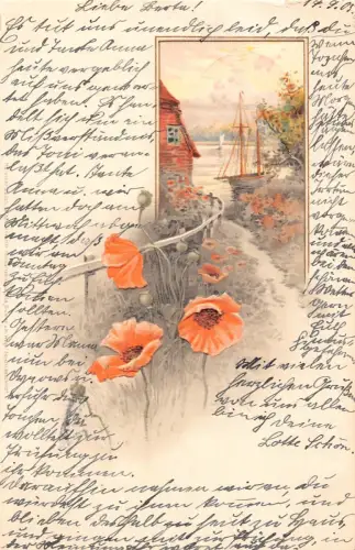 B152 Passepartout 1905 Seeboot Landschaft Mohnblumen Prägepostkarte