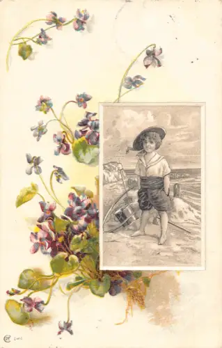 B152 Grüße 1906 gelbe Blumen Junge spielt Seifenblasen geprägte Postkarte