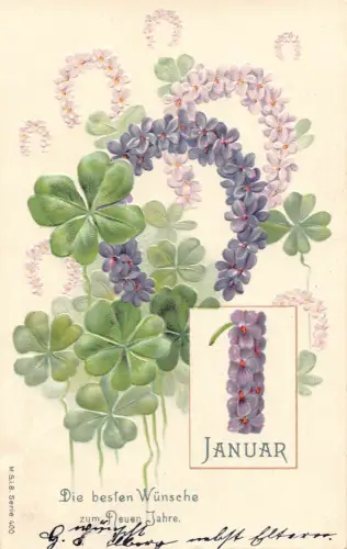 B152 Neujahr 1905 Allegorische Hufeisen der Veilchen Kleeblätter Prägepostkarte