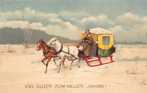 B132 Neujahrsgruß 1914 Pferdeschlitten Schlitten im Schnee geprägte Postkarte