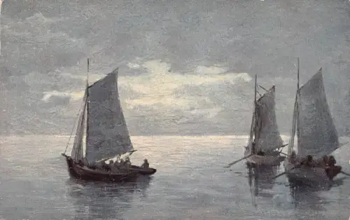 B141 England Kunst Segelboote bei Nacht Fischer Vintage Postkarte