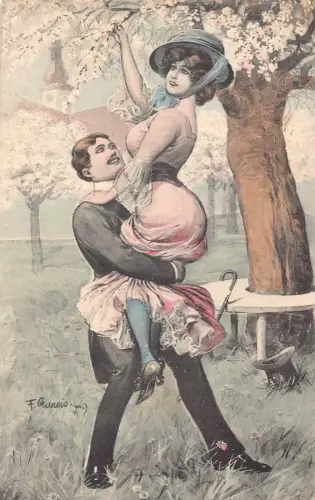 B150 Risque Love Romance Gentlemen Raising Woman to Tree Flowers Postkarte
